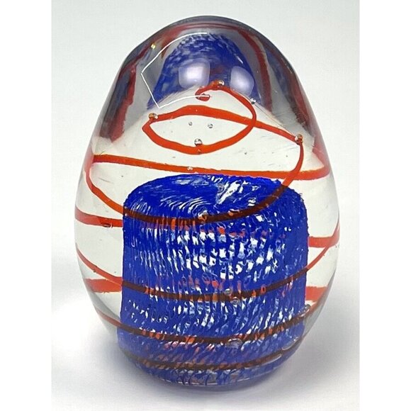 3.5" Egg Shaped Hand Blown Art Glass PAPERWEIGHT Red Spiral Blue Lattice Heavy - Picture 2 of 5